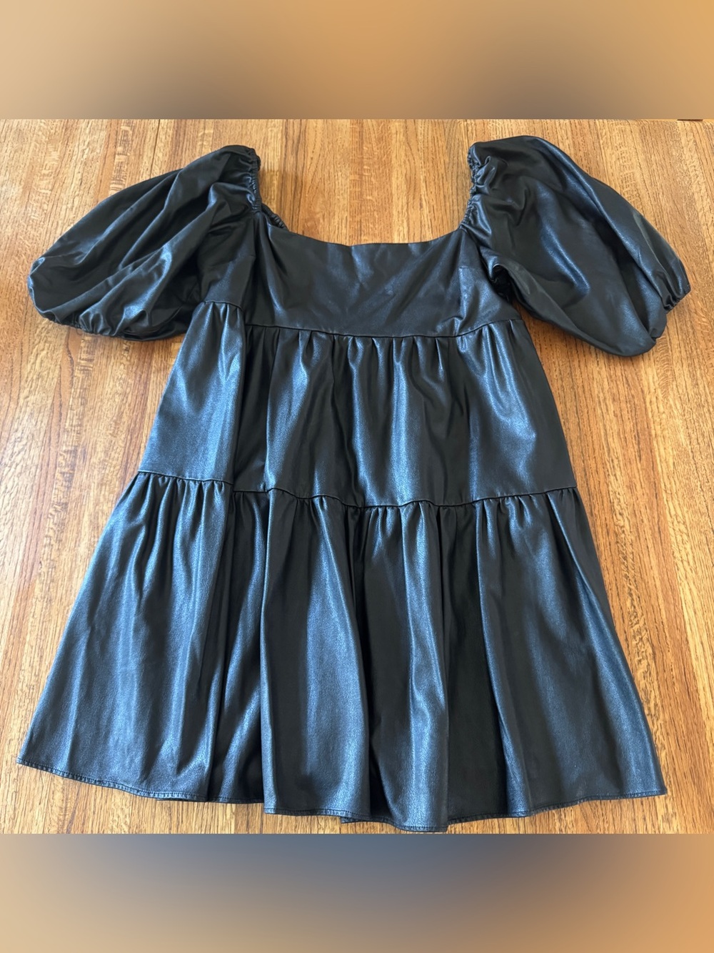 AMANDA UPRICHARD Black Faux Leather Puff Sleeve Tiered Babydoll Mini Dress XL